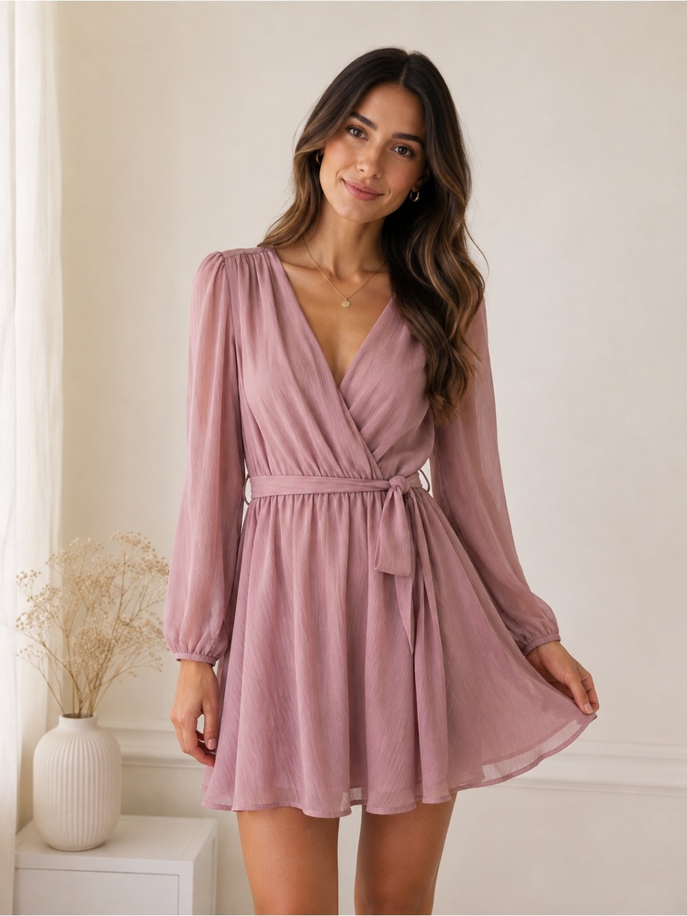 Papermoon Pink Wrap Mini Dress Long Sleeve Belted Size Small